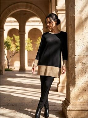 Barrow & Grove 100% Cashmere Colorblock Sweater Black Taupe Long Sleeve